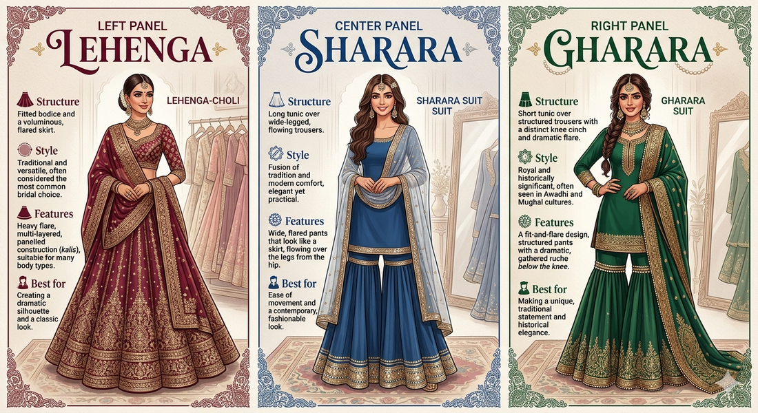 Lehenga vs. Sharara vs. Gharara: What's the Difference