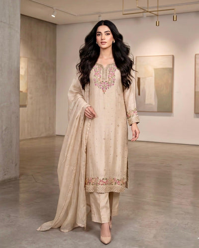 Ivory Beige Embroidered 3-Piece Luxury Suit