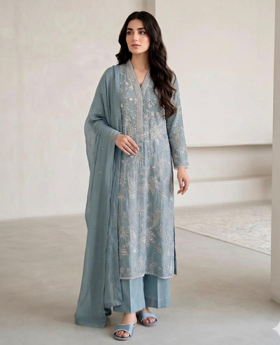 Steel Blue Chikankari & Sequin Embroidered 3-Piece Suit