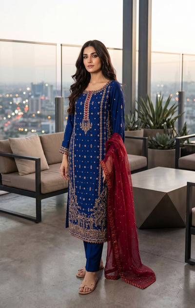 Pure Silk 3 pcs royal blue suit with maroon Organza Dupatta