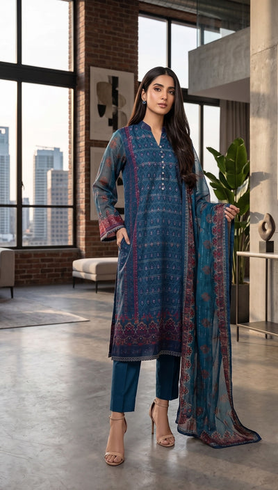 Cotton Silk 3 pcs Teal Blue suit