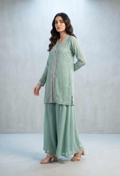 Elegant soft mint green straight cut two-piece formal ensemble