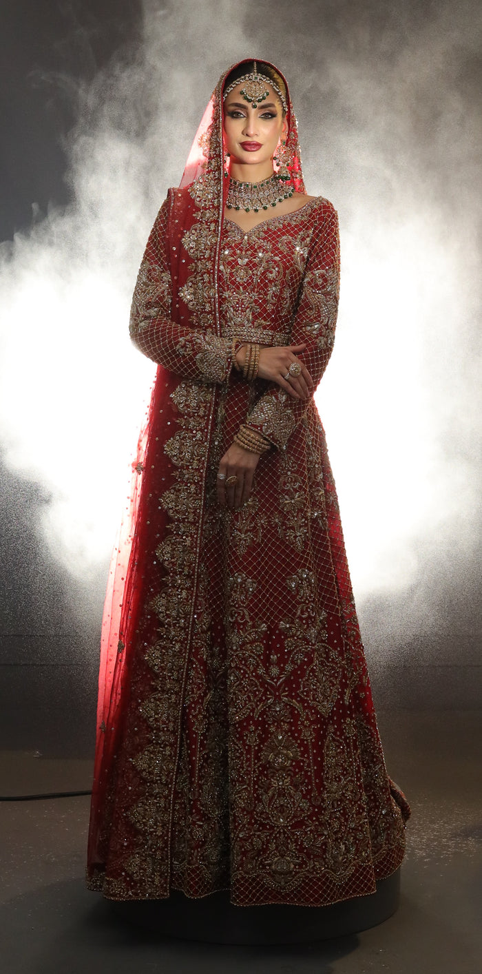 Crimson Red Gold Zardozi and Dabbka Embroidered Bridal Lehenga Set
