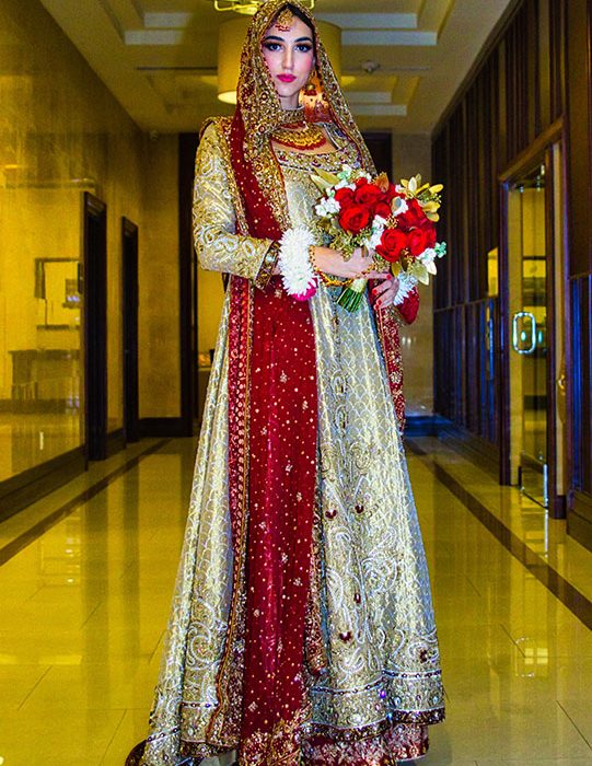 Shehnai Antique Gold and Crimson Bridal Ensemble