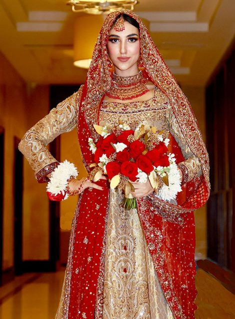 Shehnai Antique Gold and Crimson Bridal Ensemble