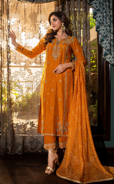 Rich Mustard Gold Zari & Sequin Embroidered Kurti – Elegant Bridal Party Wear