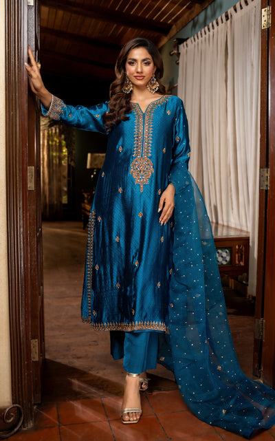 Peacock Blue Gold Embroidered Silk Kurti – Elegant Bridal Party Wear