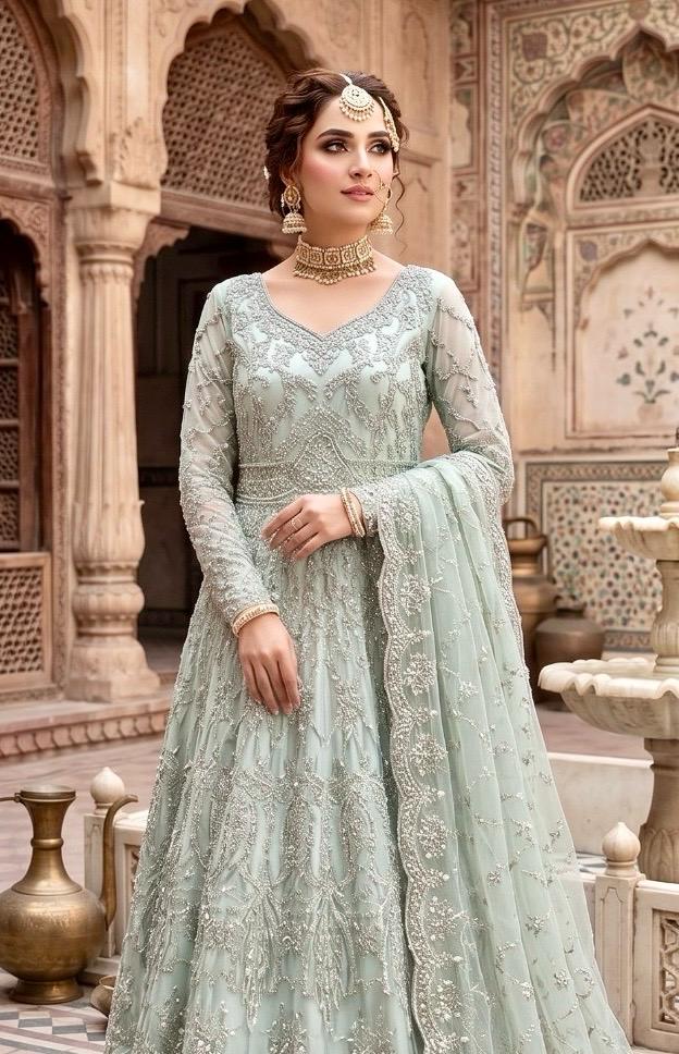 Mint Green Sequin and Silver Thread Embroidered Maxi Gown Set