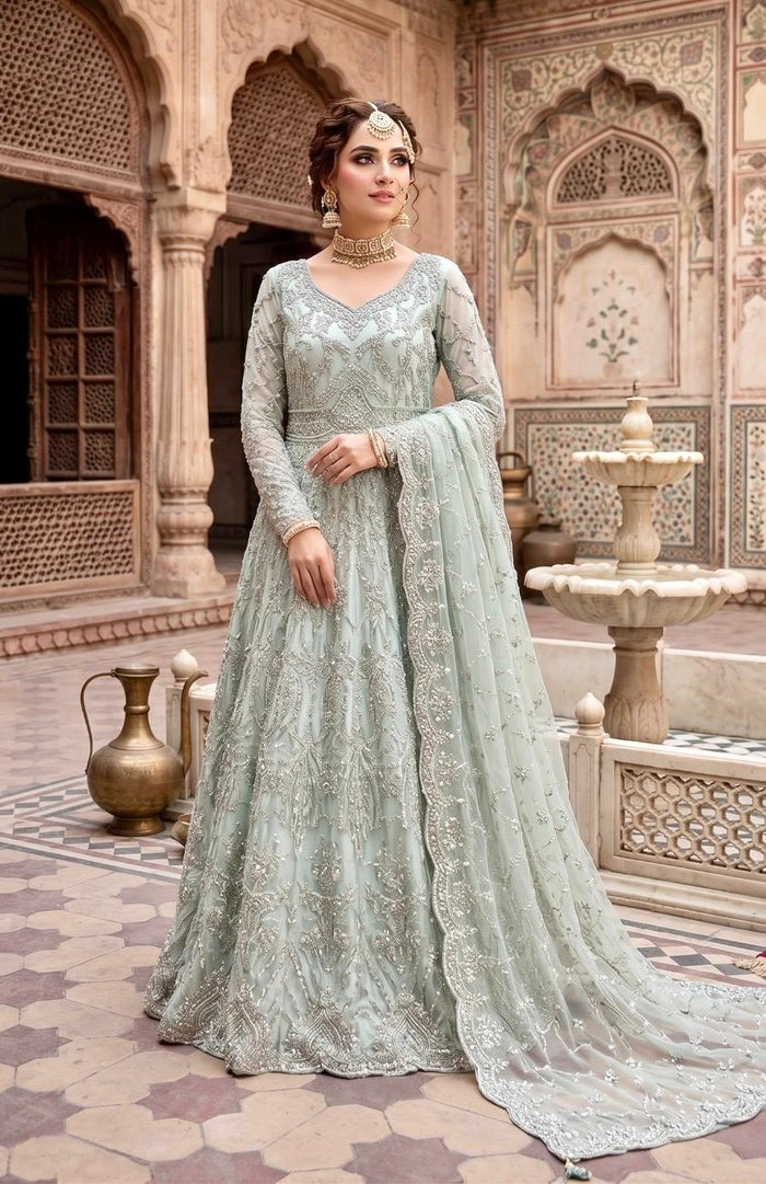 Mint Green Sequin and Silver Thread Embroidered Maxi Gown Set