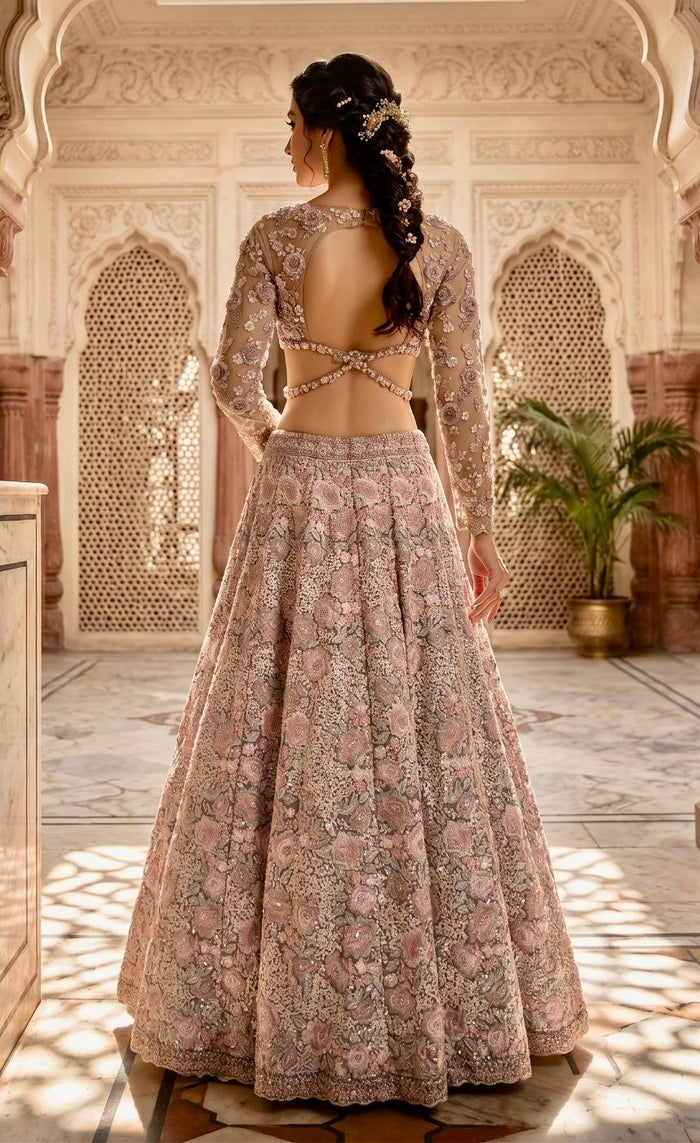 Blush Rose Sequin and Floral Embroidered Lehenga Set