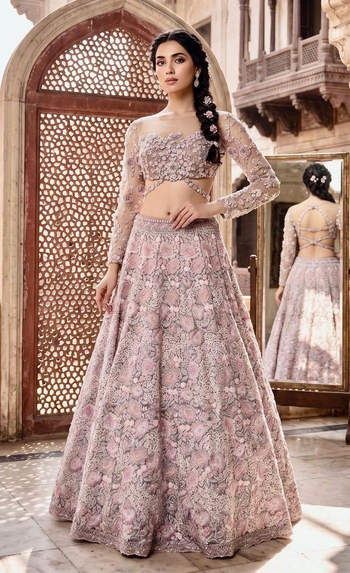 Blush Rose Sequin and Floral Embroidered Lehenga Set