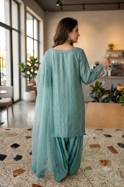 Sea Green Pure Sheesha Silk Suit with Hand Embellished Organza Dupatta