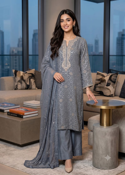 Slate Gray 3 pcs Chiffon Shirt and Dupatta with Korean Silk Pants