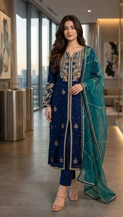 Deep Navy Blue Pure Sheesha Silk 3 pcs suit Teal Green Organza Dupatta
