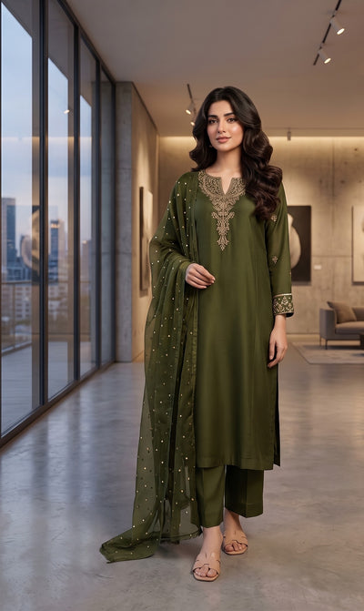 Olive Green Pure Silk 3 pcs suit with Organza Dupatta