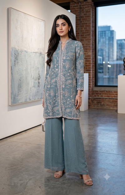 Traditional 2 pcs suit Slate blue shirt with wide-leg Palazoo bottoms