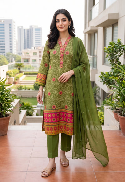 Olive green and magenta contemporary three-piece Pakistani semi-formal cotton silk suit