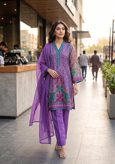 Vibrant purple and teal color Cotton Silk 3 Piece Suit