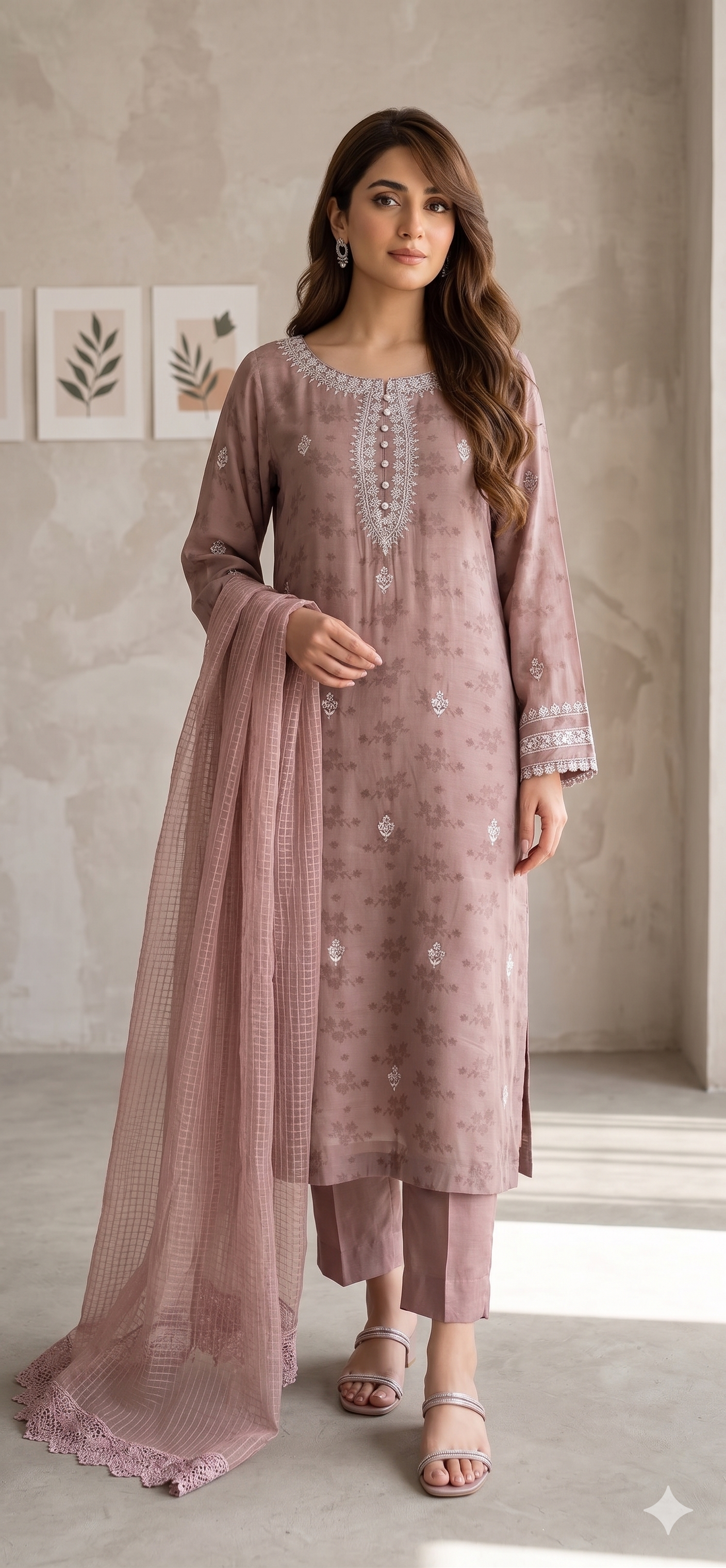 Dusty Mauve Booti Embroidered 3-Piece Suit | Elegant Ethnic Wear ...