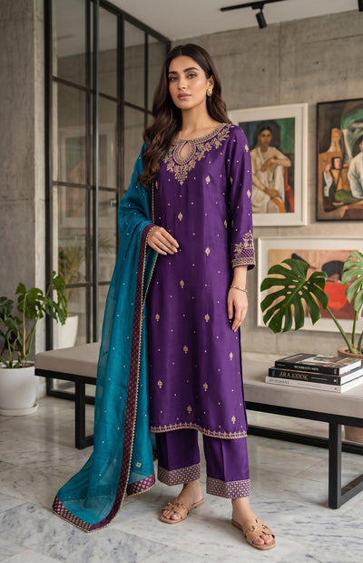 Three piece Pakistani formal ensemble in a royal purple silk fabric paired with a vibrant turquoise dupatta