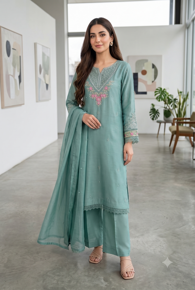 Pure Silk 3 pcs serene sage green suit