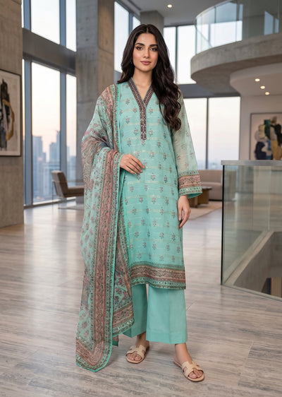 Contemporary 3 piece Pakistani semi formal suit - Mint green and dusty rose print