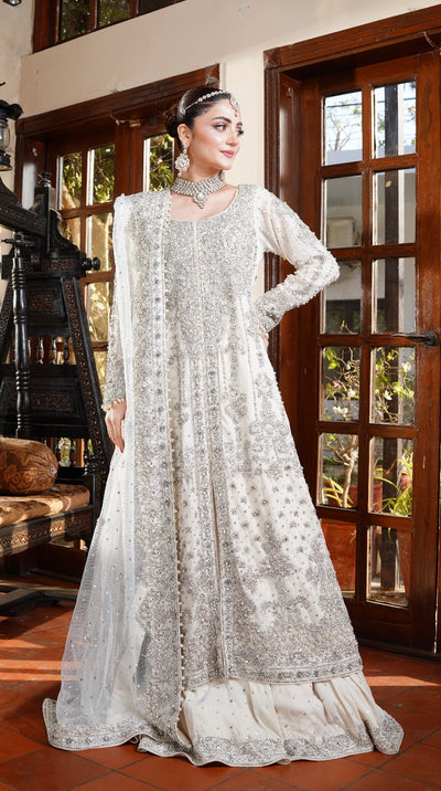 White Embroidered Bridal Lehenga - Intricate Embroidery With Net Dupatta for a Dreamy Bridal Look