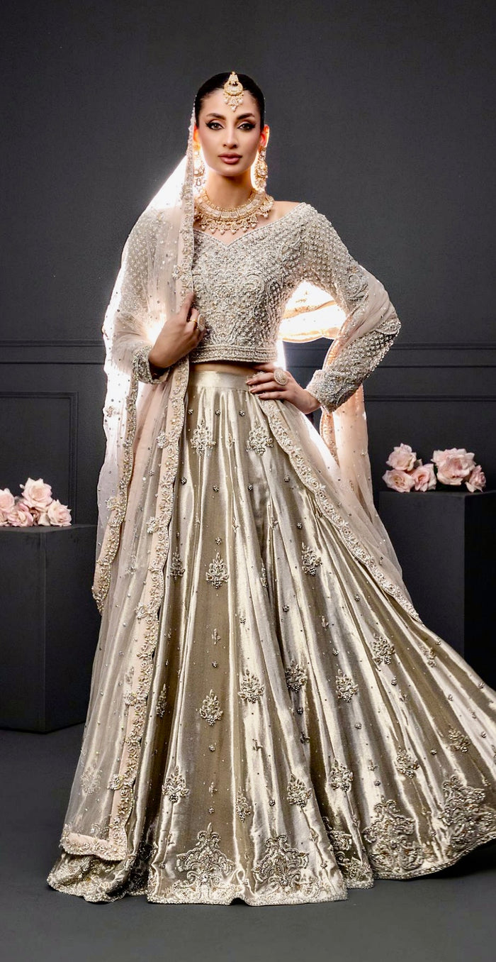 Champagne Silver Zardozi and Sequin Embroidered Bridal Lehenga Set