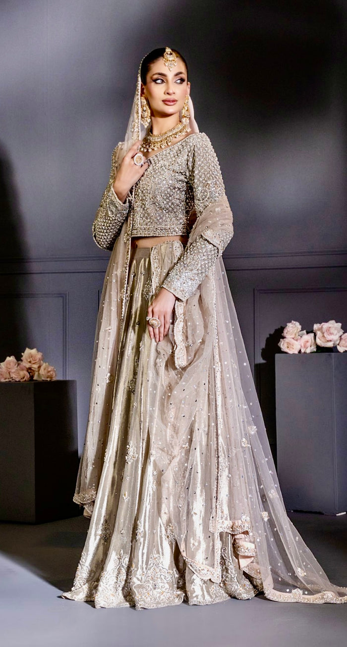 Champagne Silver Zardozi and Sequin Embroidered Bridal Lehenga Set