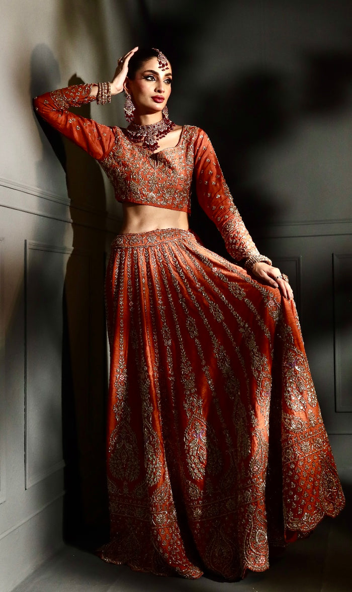 Rust Orange Gold Zardozi and Floral Embroidered Bridal Lehenga Set