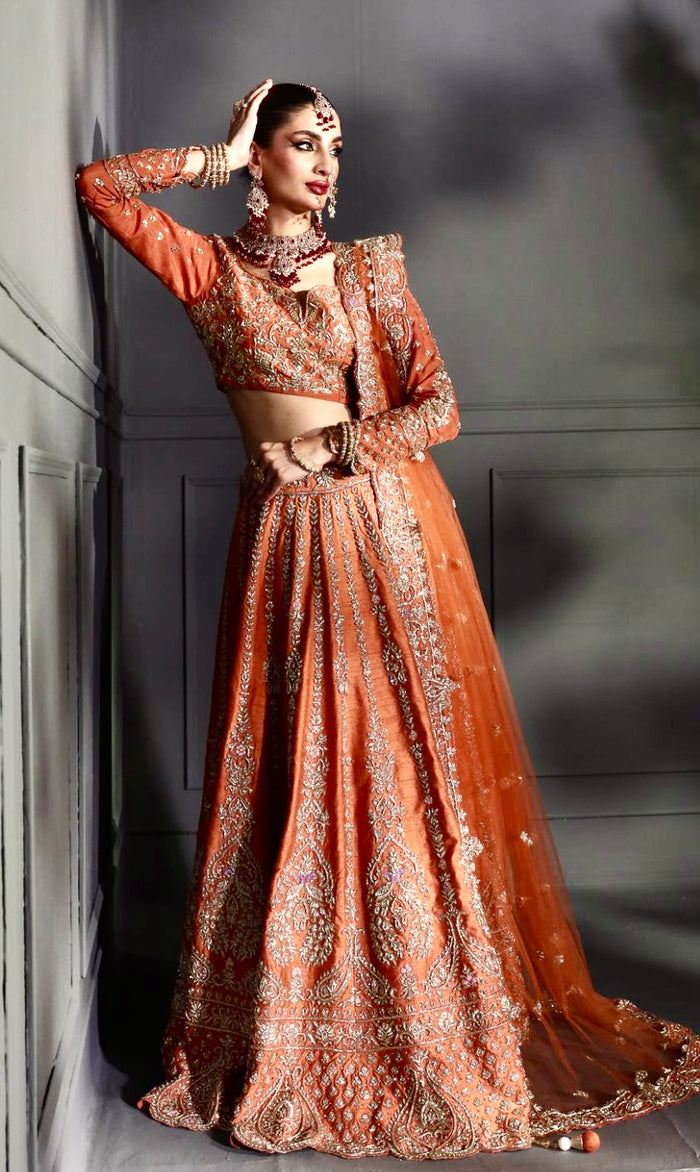Rust Orange Gold Zardozi and Floral Embroidered Bridal Lehenga Set