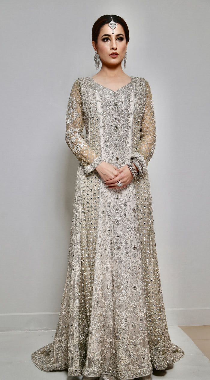 Silver-Ivory Bridal Maxi Gown Elegance for Your Special Day