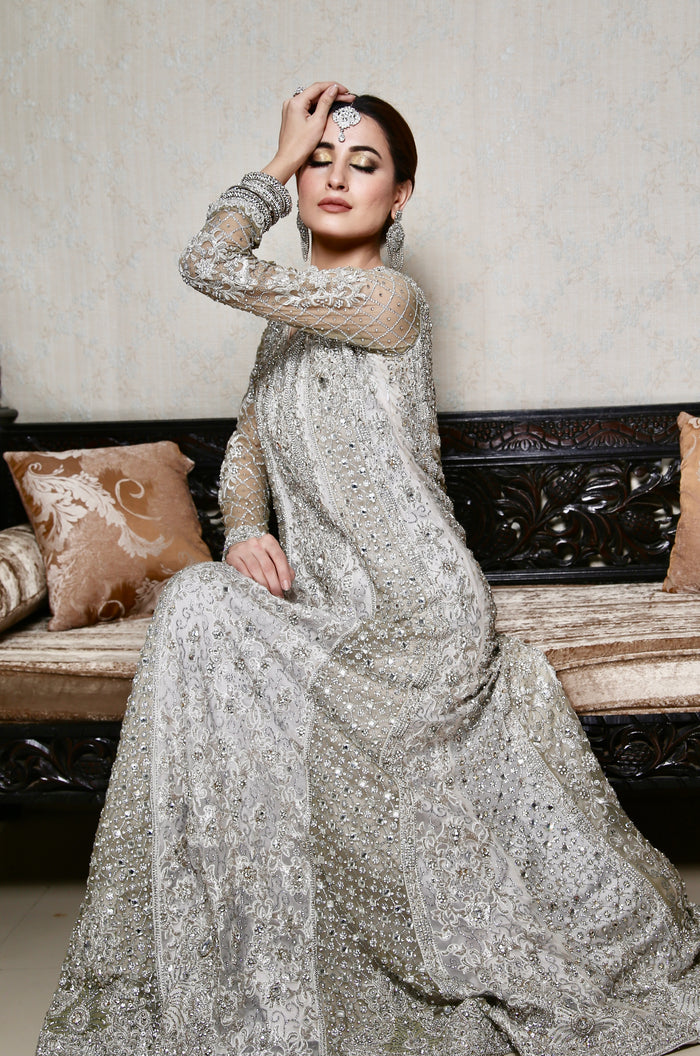Silver-Ivory Bridal Maxi Gown Elegance for Your Special Day