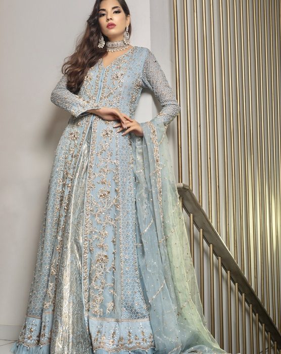 Ice Blue Front Open Embellished Gown Set