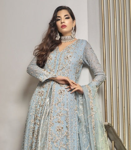 Ice Blue Front Open Embellished Gown Set