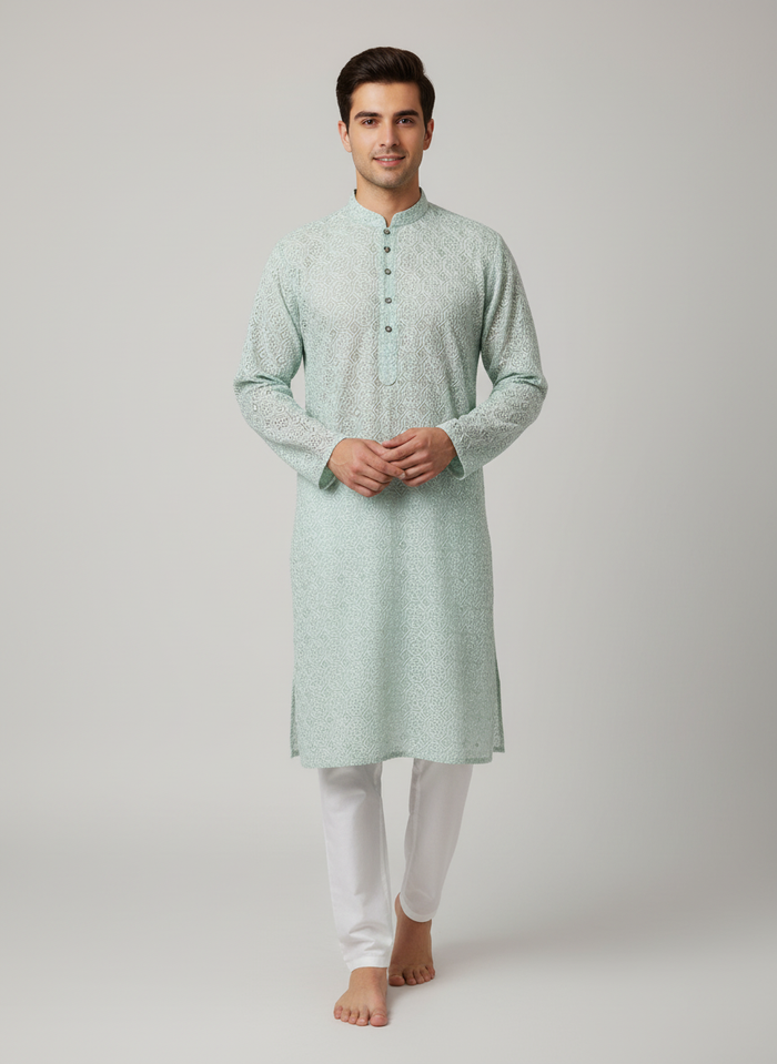 Elegant Men’s Mint Green Kurta Pajama – Stylish Festive Wear