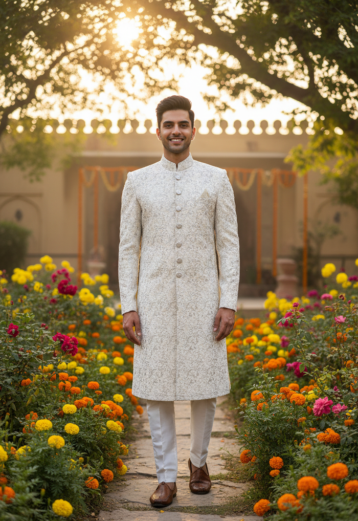 Men’s Off-White Sherwani with Pajama – Perfect for Weddings and Special Occasions