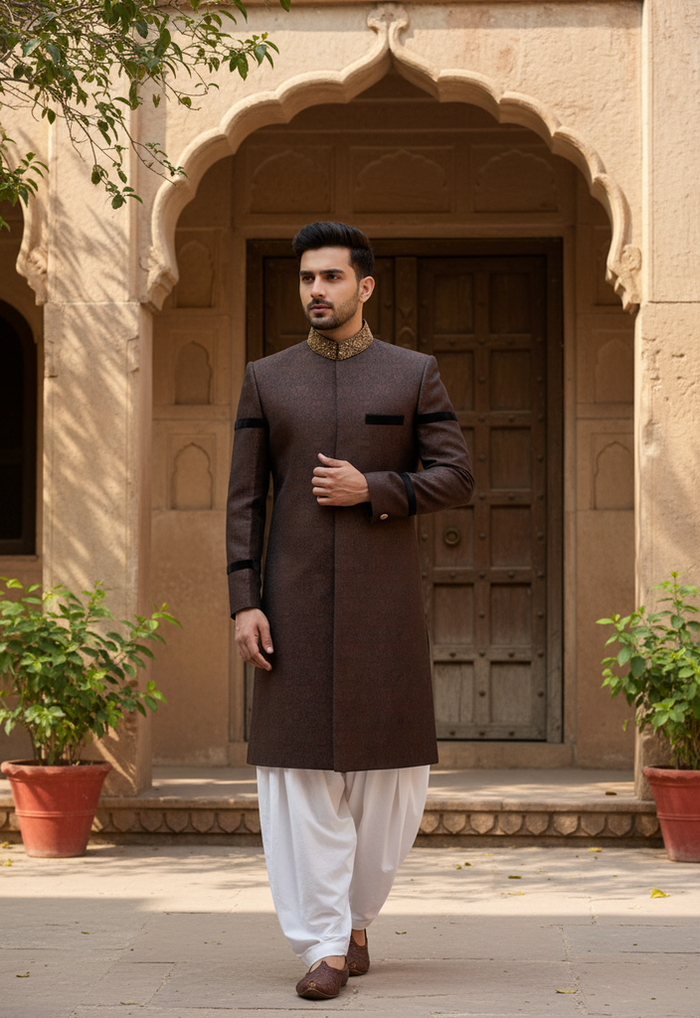 Men’s Deep Espresso Sherwani with Pajama – Stylish Wedding & Festive Attire