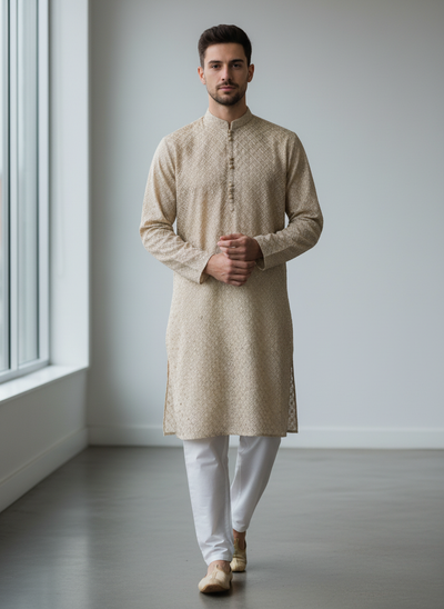 Stunning Men’s Champagne Color Kurta Pajama for Weddings and Festivals