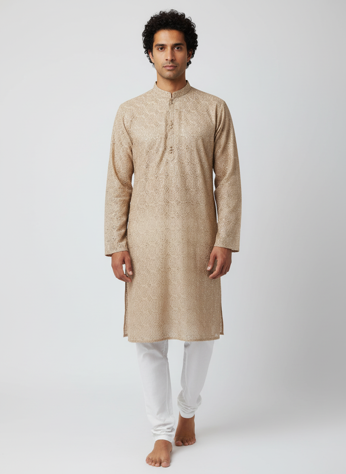 Stunning Men’s Champagne Beige Kurta Pajama for Weddings and Festivals
