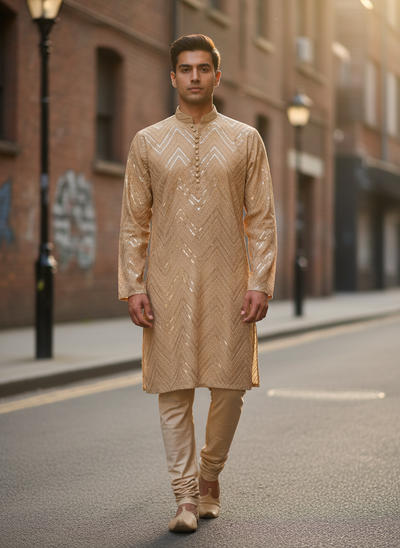 Men’s Antique Gold Kurta Pajama – Festive Ethnic Wear