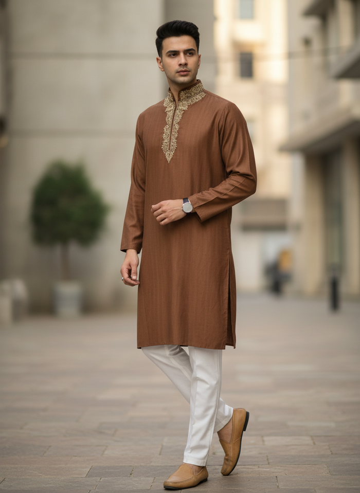 Men’s Golden Brown Kurta Pajama – Festive and Wedding Wear