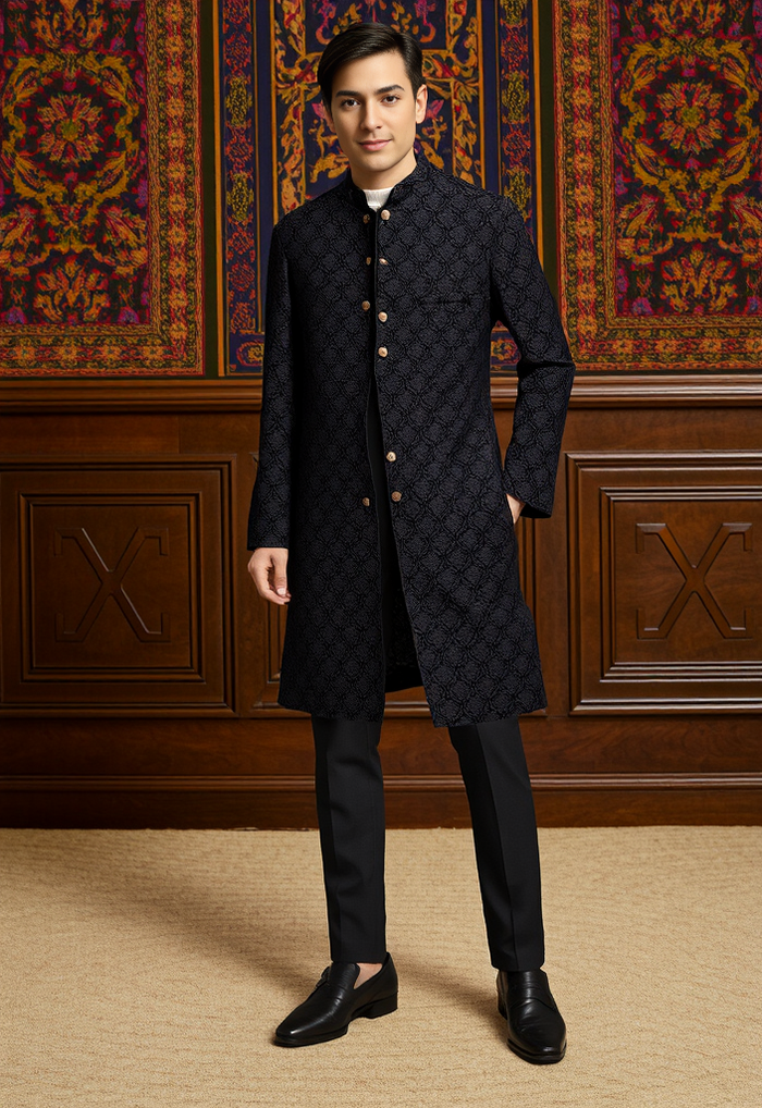 Men’s Ink Black Sherwani with Pajama – Elegant Wedding & Festive Wear