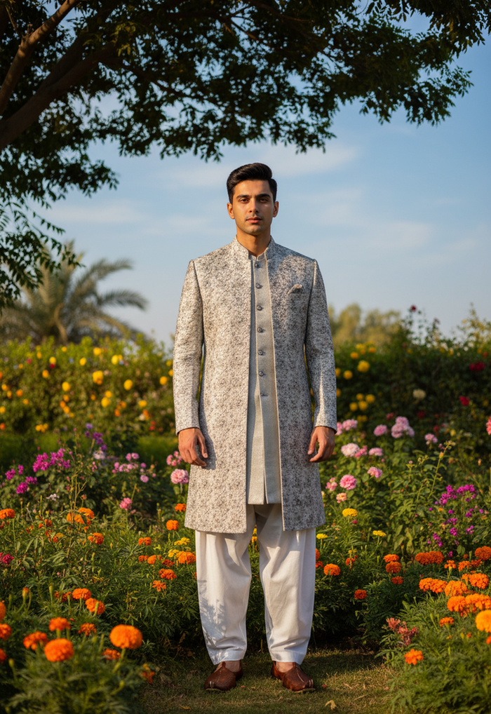 Men’s Silver-Grey Textured Sherwani with Pajama – Elegant Wedding & Festive Wear