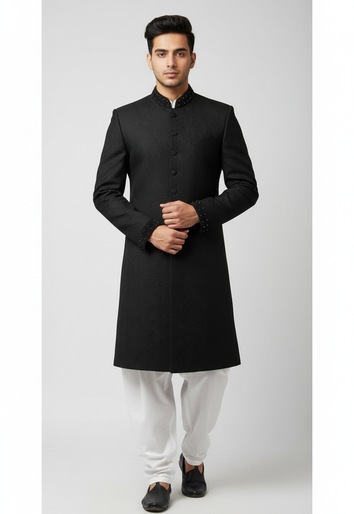Men’s Plain Black Sherwani with Pajama – Elegant and Classic Wear