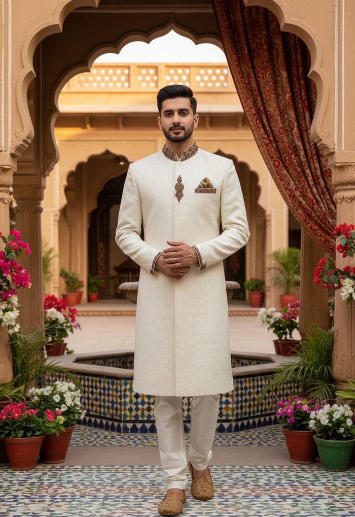 Men’s White Embroidered Sherwani with Pajama – Royal Wedding Attire