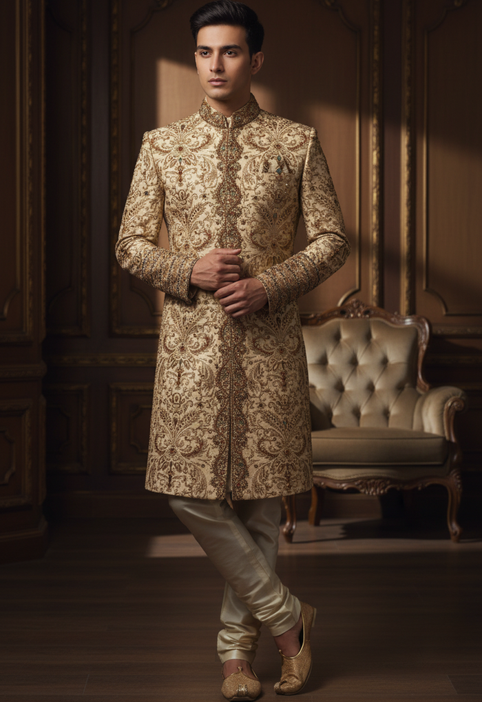 Men’s Antique Gold Zardozi & Dabka Embroidered Sherwani – Regal Designer Wedding Wear