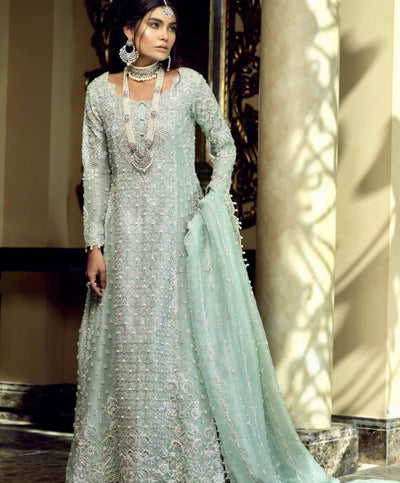 Mint Green Embroidered Bridal Pishwas - Delicate Embroidery for a Fresh and Elegant Bridal Look