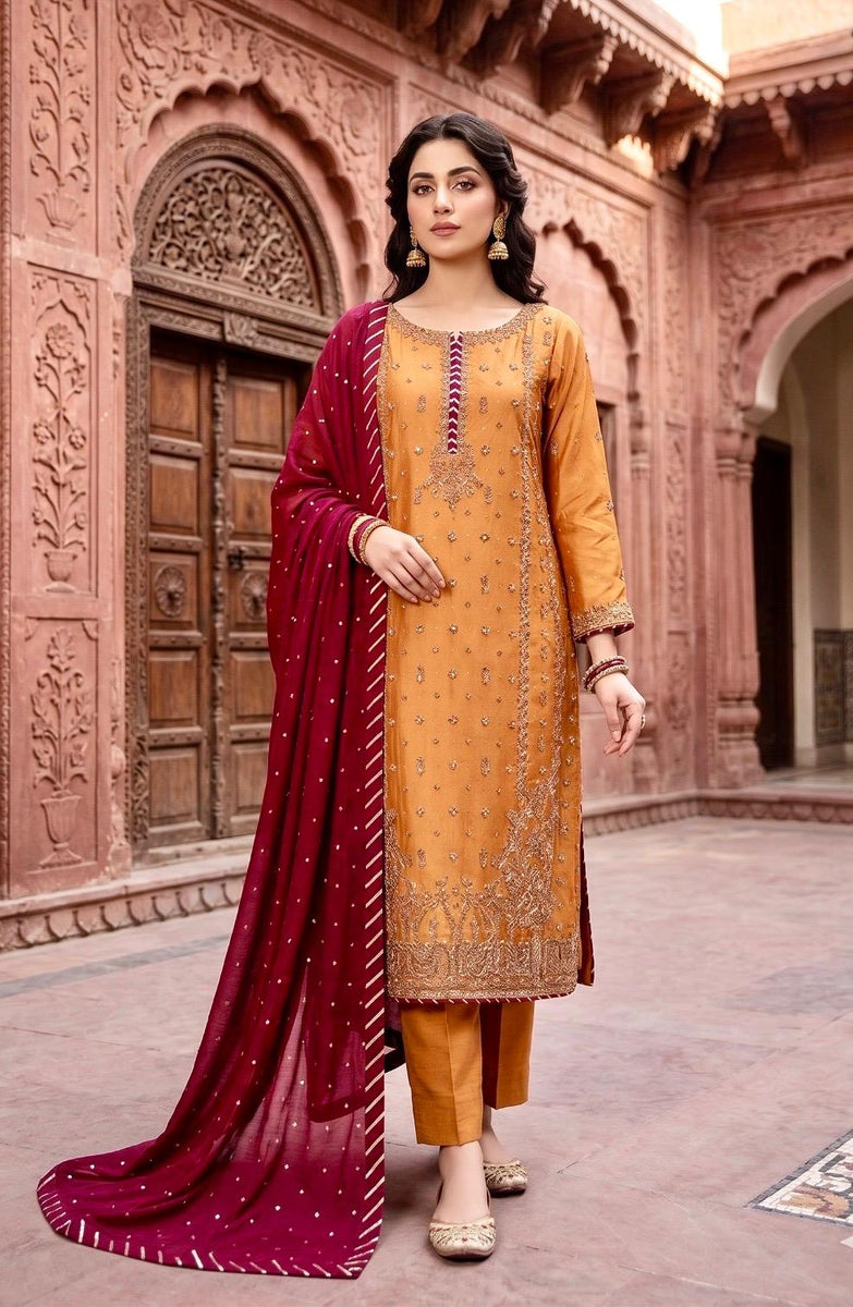 Designer Amber Gold Embroidered 3-Piece Suit for Festive Wear – Mirage ...