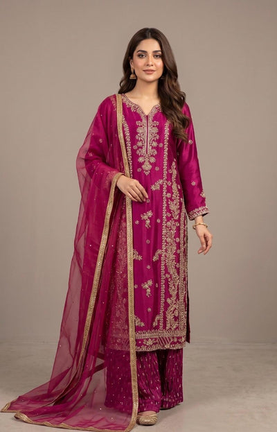 Magenta Pink Gold Zari Embroidered 3-Piece Salwar Suit